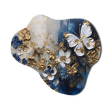 Golden Blue Butterfly Wings And Flowers I - Asymmetric Metal Wall Art