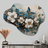 Golden Blue Butterfly Wings And Flowers II - Asymmetric Metal Wall Art