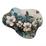 Golden Blue Butterfly Wings And Flowers II - Asymmetric Metal Wall Art