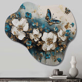 Golden Blue Butterfly Wings And Flowers II - Asymmetric Metal Wall Art