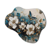 Golden Blue Butterfly Wings And Flowers II - Asymmetric Metal Wall Art