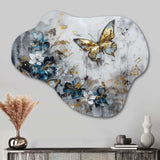 Golden Blue Butterfly Wings And Flowers III - Asymmetric Metal Wall Art