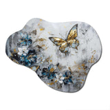 Golden Blue Butterfly Wings And Flowers III - Asymmetric Metal Wall Art