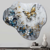 Golden Blue Butterfly Wings And Flowers III - Asymmetric Metal Wall Art