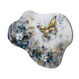 Golden Blue Butterfly Wings And Flowers III - Asymmetric Metal Wall Art