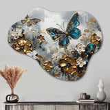 Golden Blue Butterfly Wings And Flowers V - Asymmetric Metal Wall Art