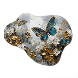 Golden Blue Butterfly Wings And Flowers V - Asymmetric Metal Wall Art