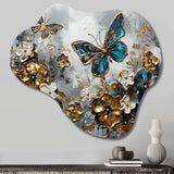 Golden Blue Butterfly Wings And Flowers V - Asymmetric Metal Wall Art