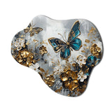 Golden Blue Butterfly Wings And Flowers V - Asymmetric Metal Wall Art