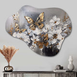 Golden White Butterfly Wings And Flowers I - Asymmetric Metal Wall Art