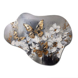 Golden White Butterfly Wings And Flowers I - Asymmetric Metal Wall Art