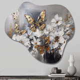 Golden White Butterfly Wings And Flowers I - Asymmetric Metal Wall Art