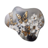 Golden White Butterfly Wings And Flowers I - Asymmetric Metal Wall Art