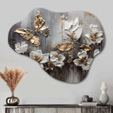 Golden White Butterfly Wings And Flowers III - Asymmetric Metal Wall Art