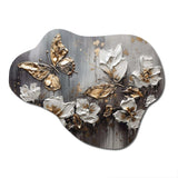 Golden White Butterfly Wings And Flowers III - Asymmetric Metal Wall Art