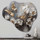 Golden White Butterfly Wings And Flowers III - Asymmetric Metal Wall Art