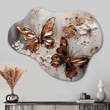 Rose Gold Butterfly Wings And Flowers II - Asymmetric Metal Wall Art