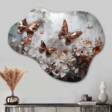 Rose Gold Butterfly Wings And Flowers IV - Asymmetric Metal Wall Art