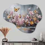 Flowers With White Butterflies II - Asymmetric Metal Wall Art