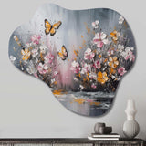 Flowers With White Butterflies II - Asymmetric Metal Wall Art