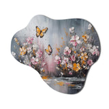 Flowers With White Butterflies II - Asymmetric Metal Wall Art