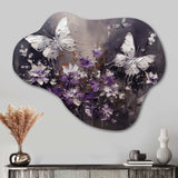 Purple And White Butterfly Wings And Flowers - Asymmetric Metal Wall Art