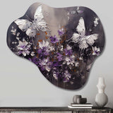 Purple And White Butterfly Wings And Flowers - Asymmetric Metal Wall Art