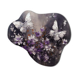 Purple And White Butterfly Wings And Flowers - Asymmetric Metal Wall Art