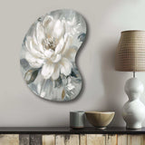 White Grey Peony Blooms In Motion I - Asymmetric Metal Wall Art