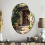 Village Door Filled With Flowers II - Asymmetric Metal Wall Art