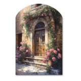 Village Door Filled With Flowers III - Asymmetric Metal Wall Art