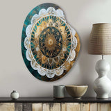 Teal And Gold Mandala I - Asymmetric Metal Wall Art