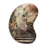 Elegant Woman Walking Down Stairs III - Asymmetric Metal Wall Art