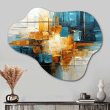 Gold Teal Abstract Fractal Collage Reflections II - Asymmetric Metal Wall Art