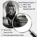 Black And White Lion Running In Africa - Asymmetric Metal Wall Art