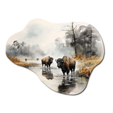 Grey Buffalo Misty Morning Grazing II - Asymmetric Metal Wall Art