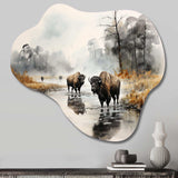 Grey Buffalo Misty Morning Grazing II - Asymmetric Metal Wall Art