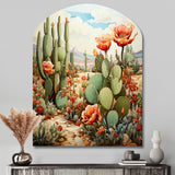 Coral Green Cactus Desert Blooms Pointillism III - Asymmetric Metal Wall Art