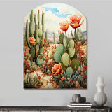 Coral Green Cactus Desert Blooms Pointillism III - Asymmetric Metal Wall Art