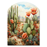 Coral Green Cactus Desert Blooms Pointillism III - Asymmetric Metal Wall Art