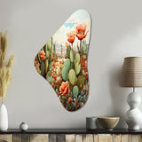 Coral Green Cactus Desert Blooms Pointillism III - Asymmetric Metal Wall Art