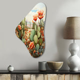 Coral Green Cactus Desert Blooms Pointillism III - Asymmetric Metal Wall Art