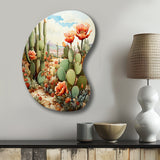 Coral Green Cactus Desert Blooms Pointillism III - Asymmetric Metal Wall Art