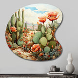 Coral Green Cactus Desert Blooms Pointillism III - Asymmetric Metal Wall Art