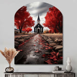 Red Church Sanctuary In Solitude - Asymmetric Metal Wall Art