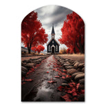 Red Church Sanctuary In Solitude - Asymmetric Metal Wall Art