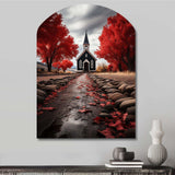 Red Church Sanctuary In Solitude - Asymmetric Metal Wall Art