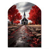 Red Church Sanctuary In Solitude - Asymmetric Metal Wall Art