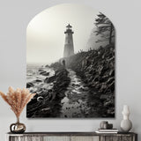 Black White Lighthouse Misty Horizon - Asymmetric Metal Wall Art