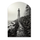 Black White Lighthouse Misty Horizon - Asymmetric Metal Wall Art